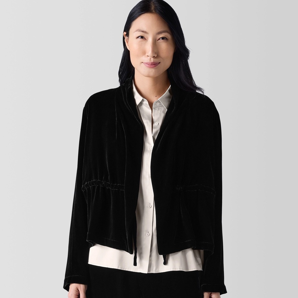 EILEEN FISHER Black Velvet High Collar Tie Silk Blend Jacket Blazer Womens‎ Med